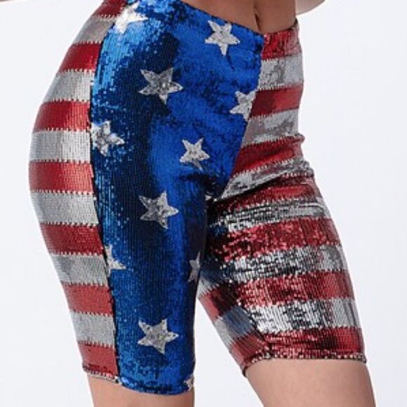 USA American Flag Metallic Sequin Biker Shorts - Picture 3 of 5